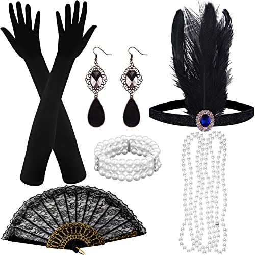 ASTARON 20er Jahre Accessoires Damen Schwarz, 20er Jahre Mode, 1920er Accessoires damen, Great Gatsby Accessoires Inklusive Haarschmuck Handschuhe Halskette Ohrringe Faltfächer Perlenarmband von ASTARON