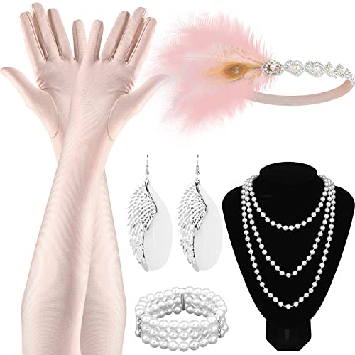 ASTARON 20er Jahre Accessoires Damen Rosa, 20er Jahre Mode, 1920er Accessoires damen, Great Gatsby Accessoires Inklusive Rosa Haarschmuck Handschuh Halskette Ohrringe Perlenarmband von ASTARON