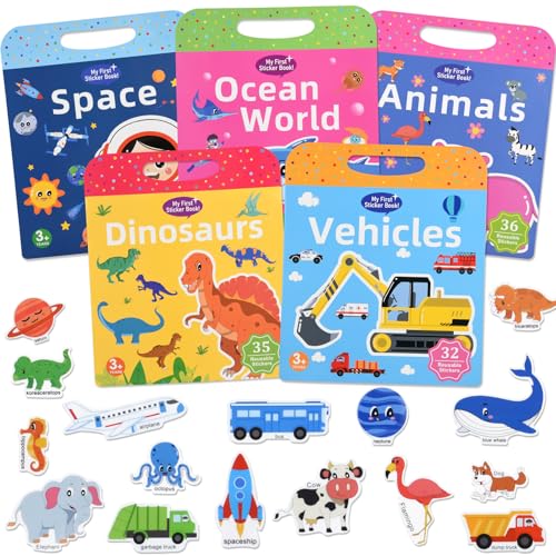 ASTARON 5 Pack Wiederverwendbare 3D Puffy Sticker Bücher für Kinder 3-6, Jelly Sticker Game pädagogisches Lernspielzeug für die Sinne, Reisespielzeug und beschäftigtes Buch von ASTARON