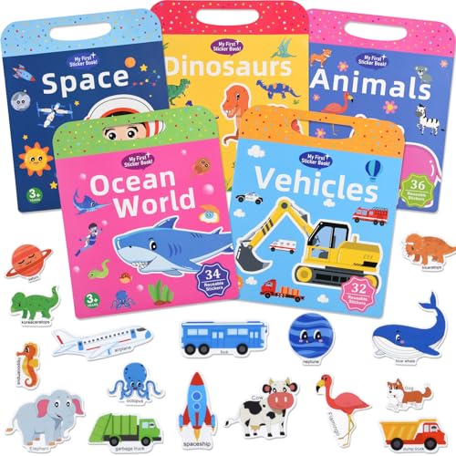 ASTARON 5 Pack Wiederverwendbare 3D Puffy Sticker Bücher für Kinder 3-6, Jelly Sticker Game pädagogisches Lernspielzeug für die Sinne, Reisespielzeug und beschäftigtes Buch von ASTARON