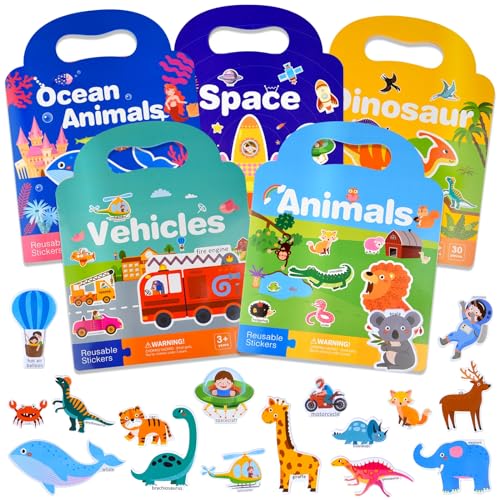 ASTARON 5 Pack wiederverwendbare 3D Sticker Szenen Buch für 2 3 4 Jahre alte Kleinkinder, Jelly Sticker Spiel pädagogische sensorische Lernspielzeug, Reisen Aufkleber von ASTARON