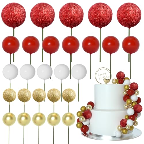 ASTARON 50 Stück Tortendeko Kugeln Cake Topper, Mini-Ballons Tortenaufleger für Hochzeit Party Babyparty Geburtstag Torte Dekorieren(Gold, rote Serie) von ASTARON