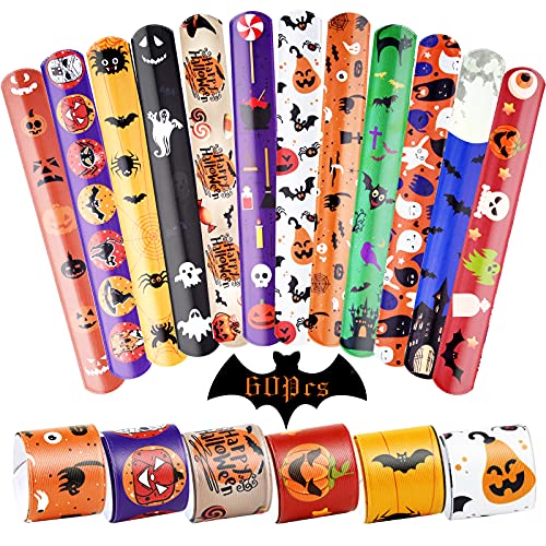 ASTARON 60 Stück Halloween Slap Armbänder Armbänder, Halloween Party Favors Slap Bands Armbänder mit Spinnenkürbis Ghost Print für Süßes oder Saures Beutelfüller, Halloween Partyzubehör von ASTARON