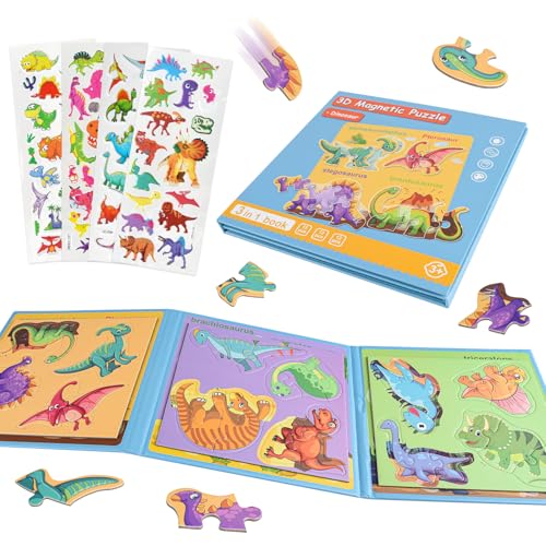 ASTARON Magnetisches Dinosaurierpuzzle mit 80 Puffy-Stickern für Kleinkinder, 40 Teile Puzzles Vorschulische Bildung Lernen Reisespielzeug Auto Flugzeug Aktivitäten von ASTARON