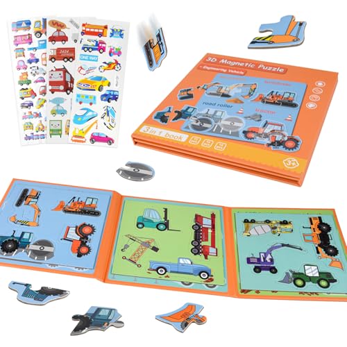 ASTARON Magnetisches Puzzle mit 60 Puffy-Stickern für Kleinkinder, 41 Teile Baufahrzeuge Kleinkinderpuzzles Vorschulische Bildung Lernen Reisespielzeug Auto Flugzeug Aktivitäten von ASTARON