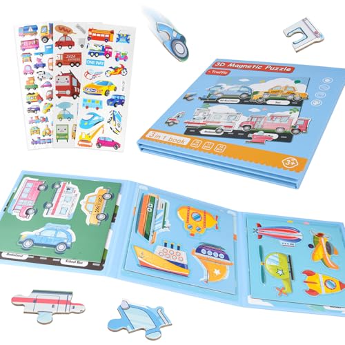 ASTARON Magnetisches Puzzle mit 60 Puffy-Stickern für Kleinkinder, 51 Teile 3-in-1-Verkehrspuzzles Vorschulische Bildung Lernen Reisespielzeug Auto Flugzeug Aktivitäten von ASTARON