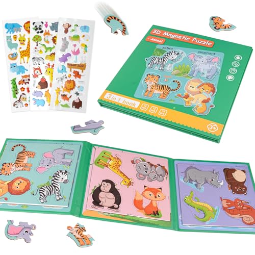 ASTARON Magnetisches Tierpuzzle mit 60 Puffy-Stickern für Kleinkinder, 41 Teile Puzzles Vorschulische Bildung Lernen Reisespielzeug Auto Flugzeug Aktivitäten von ASTARON