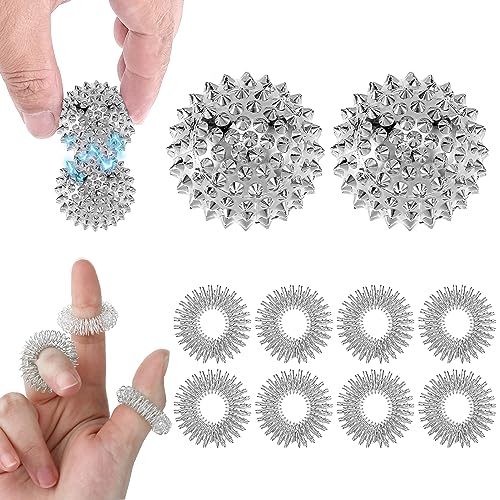 2 Stück Akupressur Ball & 8 Stück Akupressur Ring, 32 mm Igelball Metall Magnetische Akupressurkugeln Akkupressurringe, Finger Massagegerät Set (Sliver) von ASTER