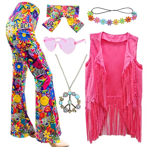 ATAMET 6-teiliges Hippie-Kostüm, 60er-/70er-Jahre-Kostüm, Disco-Kostüm, Fransenweste, Boho-Glockenhose, Friedenszubehör-Set, Halloween für Damen (Friedensliebe, Größe 3XL) von ATAMET