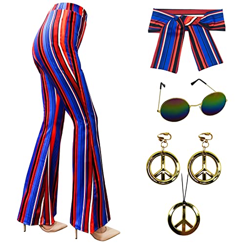 ATAMET 60er 70er Jahre Frauen Kostüme Hippie Hose Glocke Unterteil Boho Hose Ausgestellte Hose Retro Hose für 70 Geburtstag Disco Party (Blau, Large) von ATAMET