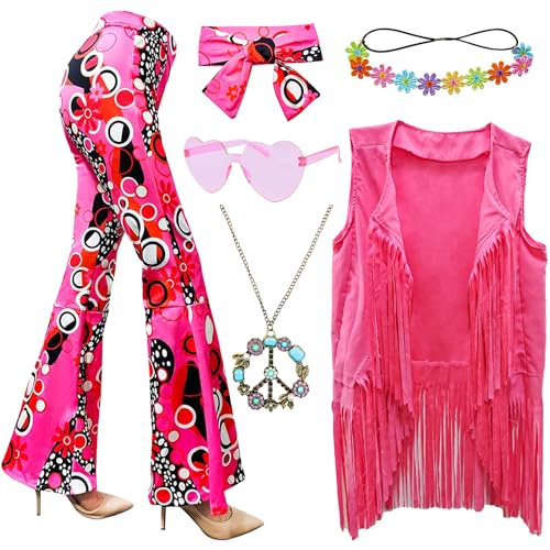 ATAMET 60er 70er Jahre Hippie-Kostüm Disco Outfits Fransenweste Boho Glockenhose Friedenszubehör Set Halloween für Frauen (Rosa, L) von ATAMET