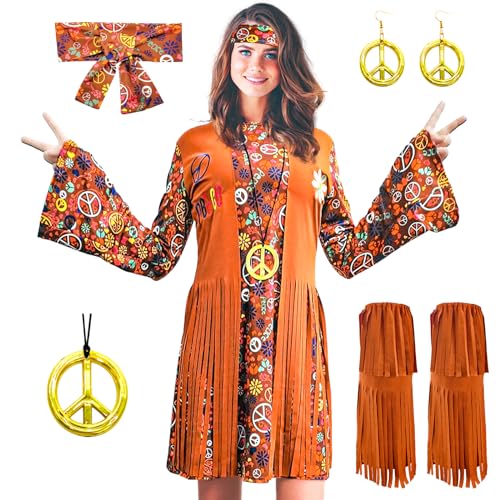 ATAMET Damen 60er 70er Jahre Hippie Kostüm Outfits Hippie Kleidung Disco Kleid Erwachsene Kostüm für Halloween, 70er Jahre Party Kostüm (Braun A, Medium) von ATAMET