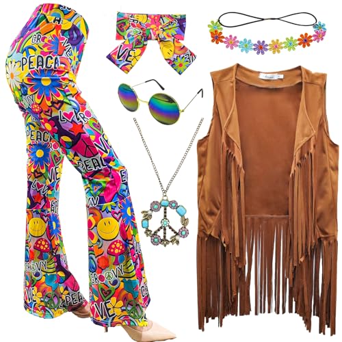 ATAMET Hippie-Kostüm, Disco-Kostüm, 60er-, 70er-Jahre, Fransenweste, Boho-Glockenhose, Friedenszubehör, Set, Halloween, für Damen (Braun, XXL) von ATAMET