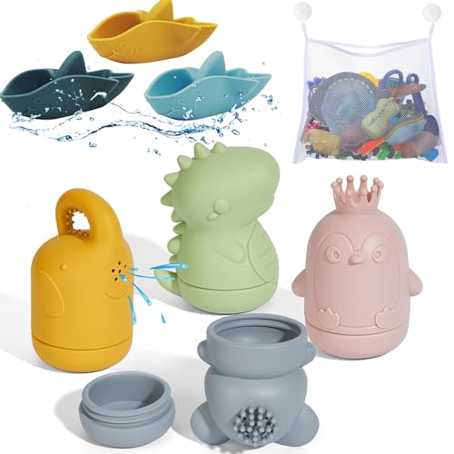 ATAUSD 8 Stück Badewannenspielzeug, Badespielzeug Baby Silikon Badewanne Spielzeug Badewannenspielzeug Boot Wasserspielzeug mit Aufbewahrungstasche, Geschenke für Baby Kleinkinder von ATAUSD