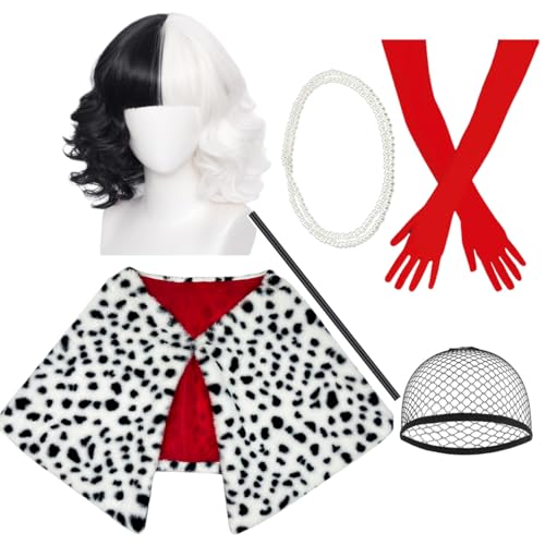 ATAYOU 6 Stück Damen Fasching Halloween Cosplay Kostüm Set mit kurze schwarze und weiße Perücke von ATAYOU