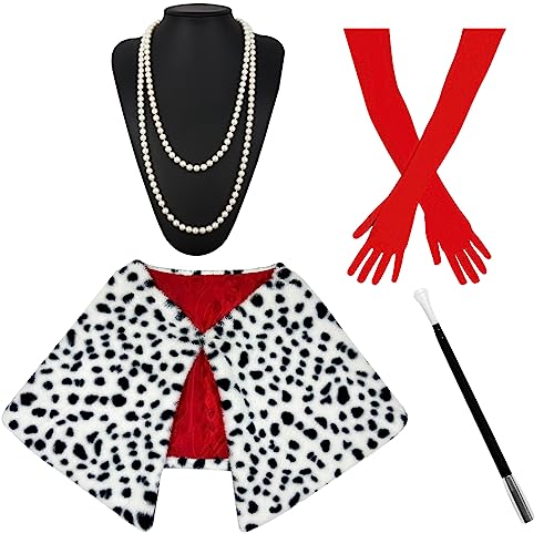 ATAYOU Halloween Damen Kostüm Zubehör Set, Lange Rote Handschuhe, Weiß Schwarz gepunkteter Schal, Cosplay Halter und Perlenkette von ATAYOU