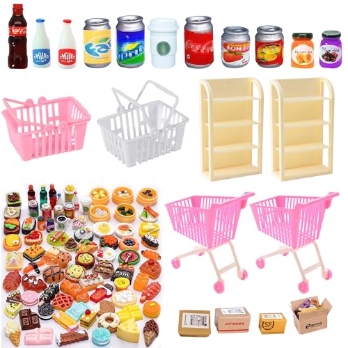 100 Stück Mini-Einkaufswagen Korb Miniatur-Lebensmittel Getränkeflasche Supermarktständer Spielzeug Puppenhaus Laden Rollenspiel Puppenhaus Lebensmittelgeschäft Obst Kuchen Brot Kurierbox Modell von ATMWM