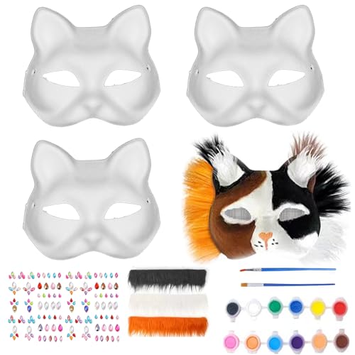 3 Stück Tier Katzenmasken DIY Set, Katzen Maskenset mit Edelsteinaufklebern und Bart, Katzenmasken zum Bemalen von Filz, DIY Blanko Gesichtsmasken Kostüm für Maskerade Halloween Party Tier Cosplay von ATMWM