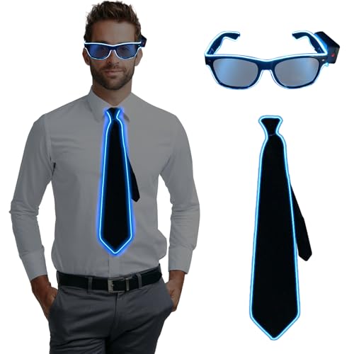 Led Herren Fliege und Led Brille Blau Festival Rave Outfit Herren Led Kleidung, Party Neon Partybrille Festival, Led Anzug für Musik Festival Hochzeit Halloween Kostüm Bachelor Party （ohne Akku） von ATMWM