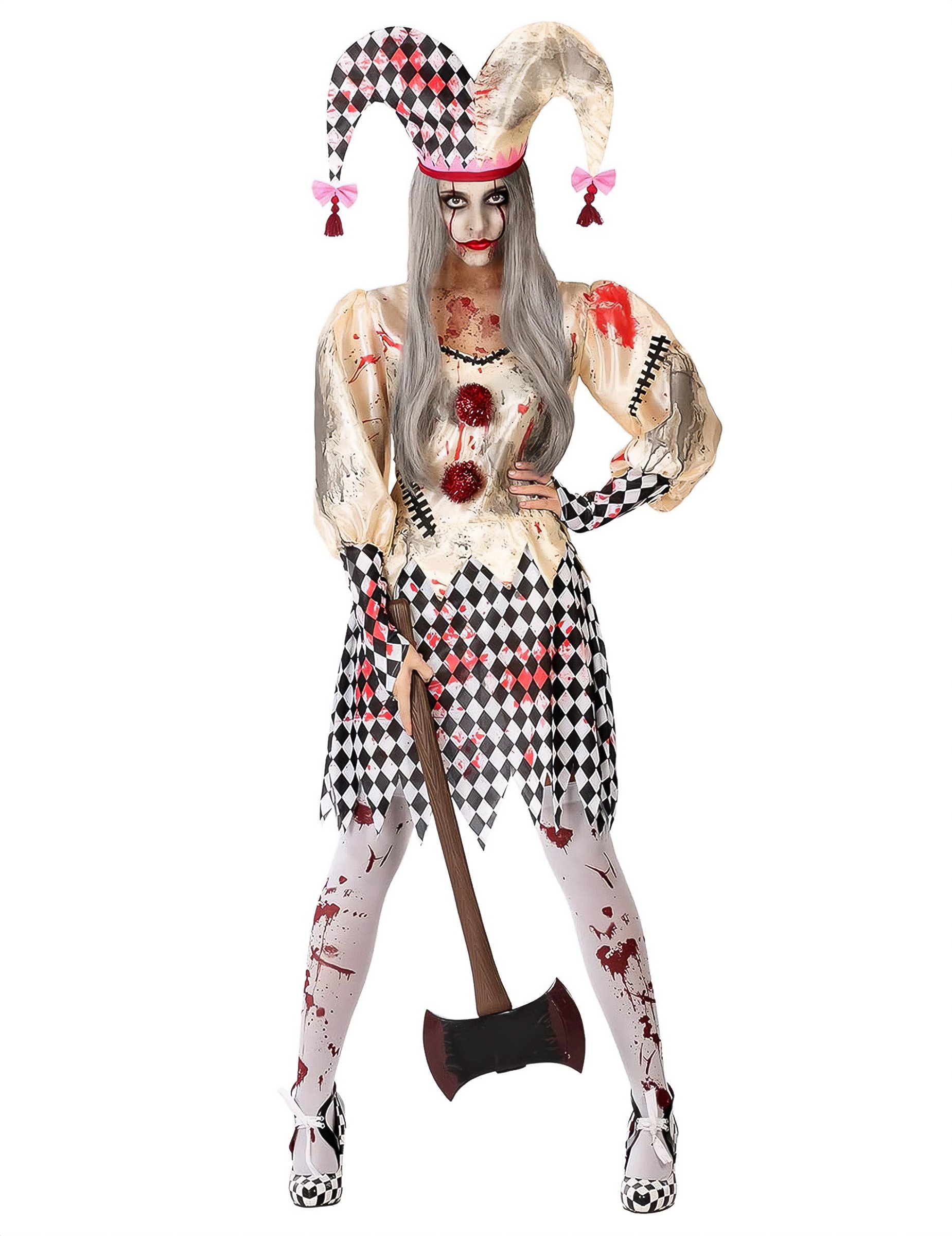 Blutiges Harlekin-Kostüm für Damen Halloween weiss-schwarz-rot von ATOSA