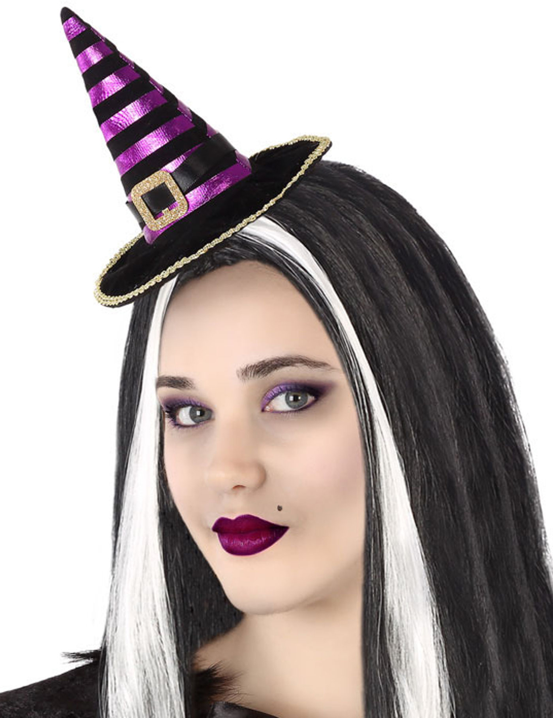 Mini-Hexenhut für Damen Halloween-Accessoire schwarz-violett von ATOSA