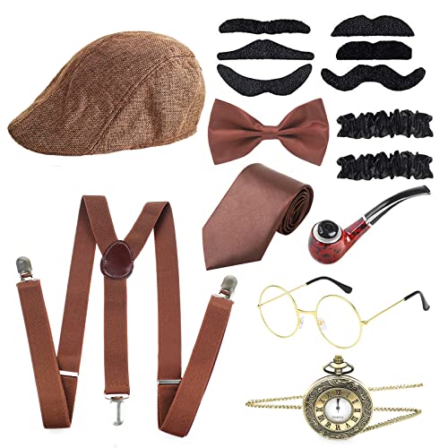 1920er Jahre Herren Zubehör Gatsby Kostüm Gangster Kostüm 20er Jahre mit falscher Schnurrbart Krawatte Fliege Hosenträger Hut Taschenuhr Cosplay Karneval Braun von ATOWORLD