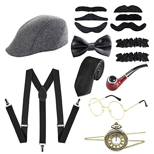 1920er Jahre Männer Zubehör Gatsby Kostüm Herren 20er Jahr Gangster Verkleidung Jahr 20 mit falschem Schnurrbart Krawatte Herren Fliege Träger Hut Taschenuhr Cosplay Karneval Grau von ATOWORLD