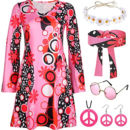 Hippie Kostüm Damen Kleid Set mit 70er Jahre Kleid Hippie Accessoires 60er 70er Jahre Outfit Damen Party Disco Karneval 70er Kostüm Hippie kleidung Damen Frau 70er Jahre Bekleidung Damen(XXL) von ATOWORLD