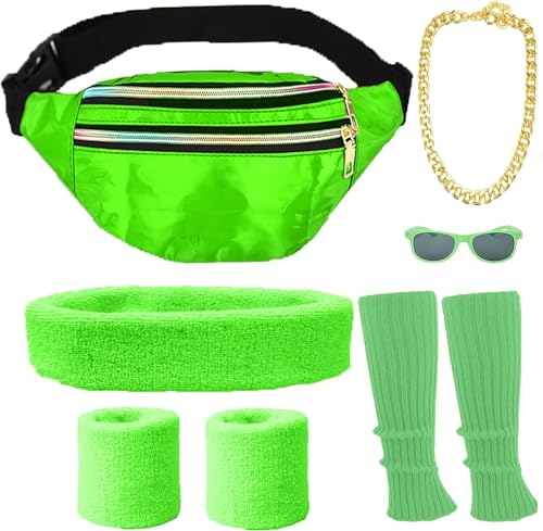 80er Jahre Accessoires Damen Herren Wasserdicht Bauchtasche 80er jahre Neon Beinwärmer Stirnband Armbänder 80er Jahre Kleidung Sport 90er 80er Jahre Outfit Damen Herren Accessoires Party Kostüm (Grün) von ATOWORLD