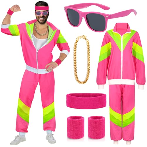 90er 80er Jahre Outfit Herren Damen Mottoparty Kostüm Kostüm 80er Jahre Trainingsanzug Jacke Hose Anzug 80er Accessoire 80er Jahre Kleidung Herren Frauen Rocker Vintage Bad Taste Kostüm Karneval XL von ATOWORLD