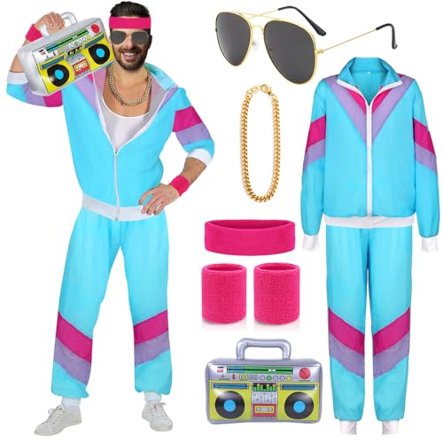 90er 80er Jahre Outfit Herren Damen Mottoparty Kostüm Kostüm 80er Jahre Trainingsanzug Jacke Hose Anzug 80er Accessoire 80er Jahre Kleidung Herren Frauen Rocker Vintage Bad Taste Kostüm Karneval XXL von ATOWORLD