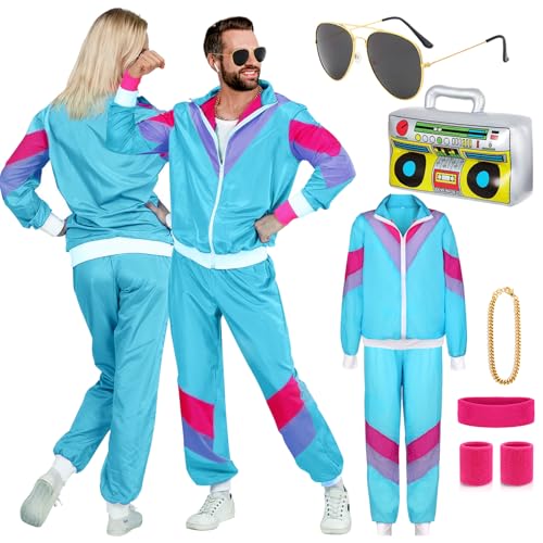 90er 80er Jahre Outfit Herren Damen Mottoparty Kostüm Kostüm 80er Jahre Trainingsanzug Jacke Hose Anzug 80er Accessoire 80er Jahre Kleidung Herren Frauen Rocker Vintage Bad Taste Kostüm Karneval XXL von ATOWORLD