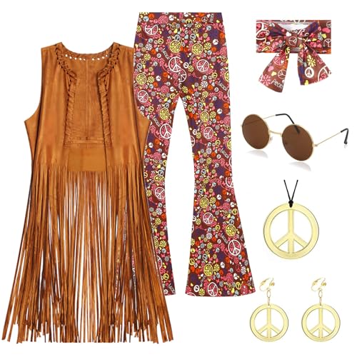 ATOWORLD 70er Jahre Verkleidung Frauen Disco Outfit Hippie Kostüm Frauen Fransen Weste Ausgestellte Hose 70er Jahre Accessoires Damen Kostüm Hippie Kleidung 70er 60er(M) von ATOWORLD