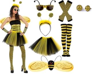 ATOWORLD 7stk Bienenkostüm Erwachsene Damen mit Bienen Flügel Rock Haarreif Überkniestrümpfe Handschuhe Brille Ohrringe Bienen Kostüm Damen Zubehör Karneval Kostüm Biene Damen für Fasching Verkleidung von ATOWORLD