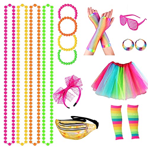 ATOWORLD 90er 80er Jahre Accessoires Set Neon 80er Jahre Outfit Damen Mottoparty Sport Aerobic Outfit 80er Bauchtasche Damen kleidung Typisch 80er Jahre Neon Rock Stulpen Stirnband Schweißbänder von ATOWORLD