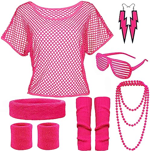 ATOWORLD 90er 80er Jahre Kostüm für Frauen Mesh Top Fischnetz Neon Zubehör Stirnband Beinwärmer Kleidung Party Outfit Disco T-Shirts für, Rose, Einheitsgröße von ATOWORLD