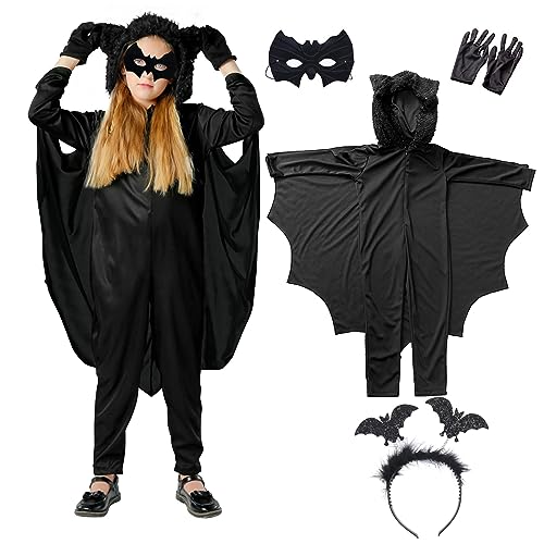 ATOWORLD Fledermaus Kostüm Kinder Jungen Mädchen 122 128 134 mit Halloween Fledermaus Kostüm Overall Haarreif Maske Handschuhen Fledermaus Umhang Kinder Halloween Kostüm Kinder Fledermaus Vampir von ATOWORLD