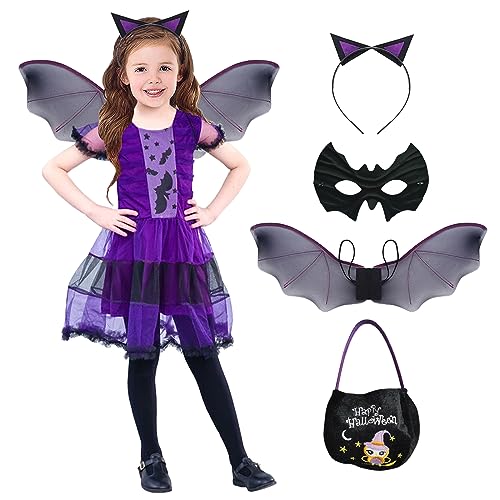 ATOWORLD Fledermaus Kostüm Kinder Mädchen Set 122 134 mit Fledermaus Flügel Tutu kleid Maske Handtasche Haarreif Halloween Kostüm Fledermaus kleid Fledermaus Kostüm Mädchen Vampir Hexe Kostüm Kinder von ATOWORLD