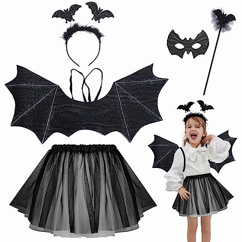 ATOWORLD Fledermaus Kostüm Mädchen mit Fledermaus Flügel Kinder Tutu Rock Maske Ohren Haarreif Zauberstab Schwarz Flügel Kostüm Halloween Fledermaus Kostüm Kinder für Karneval Cosplay Vampir von ATOWORLD