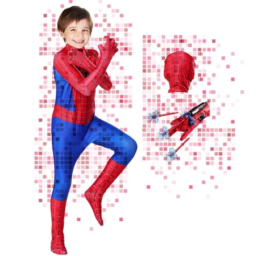 ATOWORLD Spider Kostüm Kinder 6-7 Jahre mit Handschuhe Spider Anzug Kinder Bodysuit 122-128 Superhelden Kostüm für Kinder Jungen Karneval Spider Kleidung Kinder Spider Outfit Rot Blau von ATOWORLD