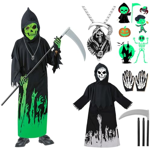 ATOWORLD Kostüm Sensenmann Kinder Kostüm Schnitter Kinder Skelett Mädchen Jungen 4 – 12 Jahre Fluo Skelett Kostüm Sensenmann Halloween Umhang mit Kapuze Handschuh Skelett Maske Sensenmann Cosplay von ATOWORLD