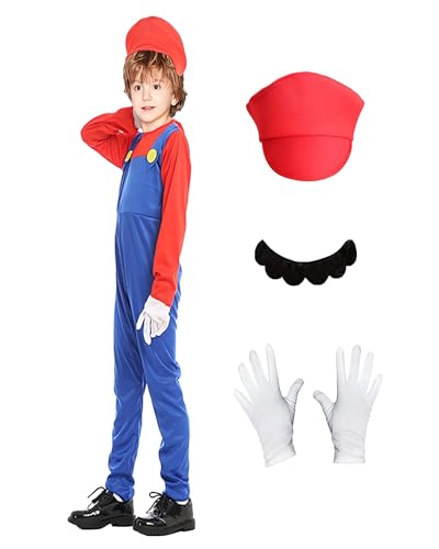 ATOWORLD Mario Kostüm Kinder Jungen Mädchen 128 134 140 mit Mario Mütze Schnurrbärte Handschuhe Mario und Luigi Kostüm Kinder Jungen Mädchen Halloween kostüme für Cosplay Mario Luigi L von ATOWORLD