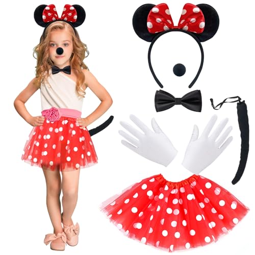 ATOWORLD Mouse Kostüm Kinder Mädchen 3-8 Jahre mit Mous Ohren Haarreif Rock Rot Nase Handschuhe Schleife Fliege Mouse Maus Kostüm Mädchen für Kinder Fasching Karneval Motto Cosplay Party von ATOWORLD