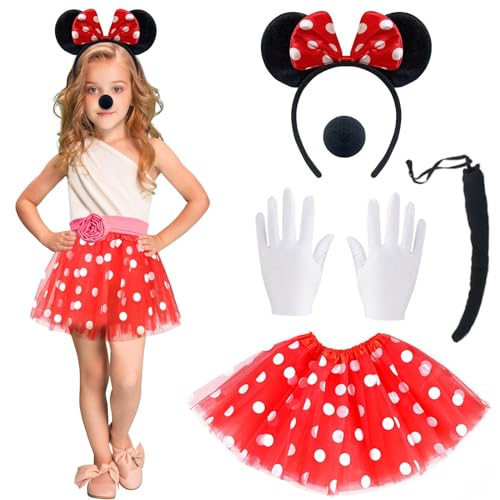 ATOWORLD Mouse Kostüm Kinder Mädchen 3-8 Jahre mit Mous Ohren Haarreif Rock Rot Nase Handschuhe Schleife Fliege Mouse Maus Kostüm Mädchen für Kinder Fasching Karneval Motto Cosplay Party von ATOWORLD