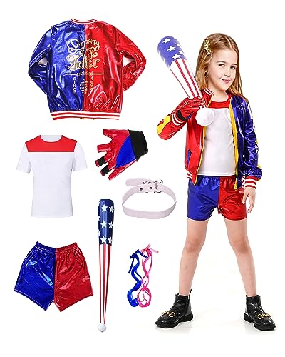 ATOWORLD Quinn Kostüm Kinder Mädchen 116 122 128 Halloween Kostüm Kinder Superheld Cosplay-Kostüm Mädchen mit Handschuhe Jacke T-shirt Shorts Halskette Bat Halloween Karneval Cosplay（ (120cm) von ATOWORLD