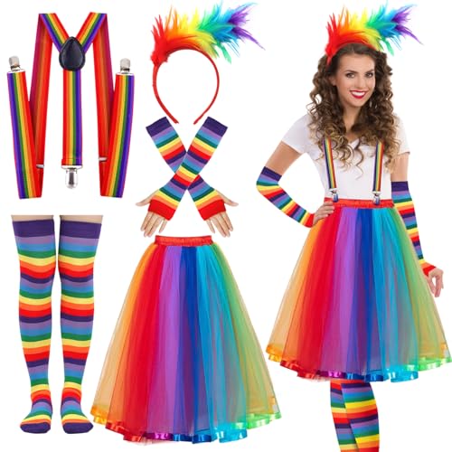 Regenbogen Kostüm Damen Karneval Tüllrock Bunt Damen Lang Regenbogen Haarreif Hosenträger Handschuhe Socken Regenbogen Rock Kleid Bunter Tüllrock Damen Rockabilly Kostüm Damen 50er Jahre für Fasching von ATOWORLD