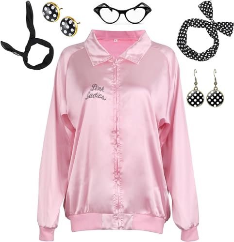 ATOWORLD Rosa Jacke für Damen und Erwachsene, 50er Jahre 1950er Jahre Fasching Damen mit Zubehör, Schal, Stirnbänder, Ohrringe, Brille, Rosa, Damenjacke, Fett, Kostüm, Outfit für Damen, Halloween, von ATOWORLD