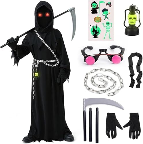 ATOWORLD Sensenmann Kostüm Kinder 140 146 152 Set mit Sense Brille Geisterketten Maske Handschuhen Grim Reaper Kostüm Halloween Kostüm Kinder Sensenmann Umhang Schwarze Robe Scream Kostüm Kinder L von ATOWORLD