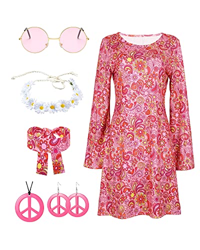 Hippie Kostüm Damen Erwachsene 70er Jahre 60er Jahre Disco Kleid Damen Kostüm Hippie Kostüm 70er Jahre Disco Outfit Damen Halskette Peace and Love Hippie Brille 70er Jahre Kleidung Zubehör L von ATOWORLD