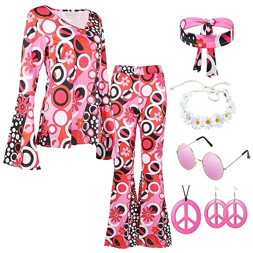 Hippie Verkleidung Damen Erwachsene Jahr 70 Jahr 60 Disco-Outfit Damen Kostüm Hippie Kostüm Jahr 70 Hose Vintage Damen Halskette Peace and Love Hippie Brille Jahre 70 Hemd Zubehör S von ATOWORLD